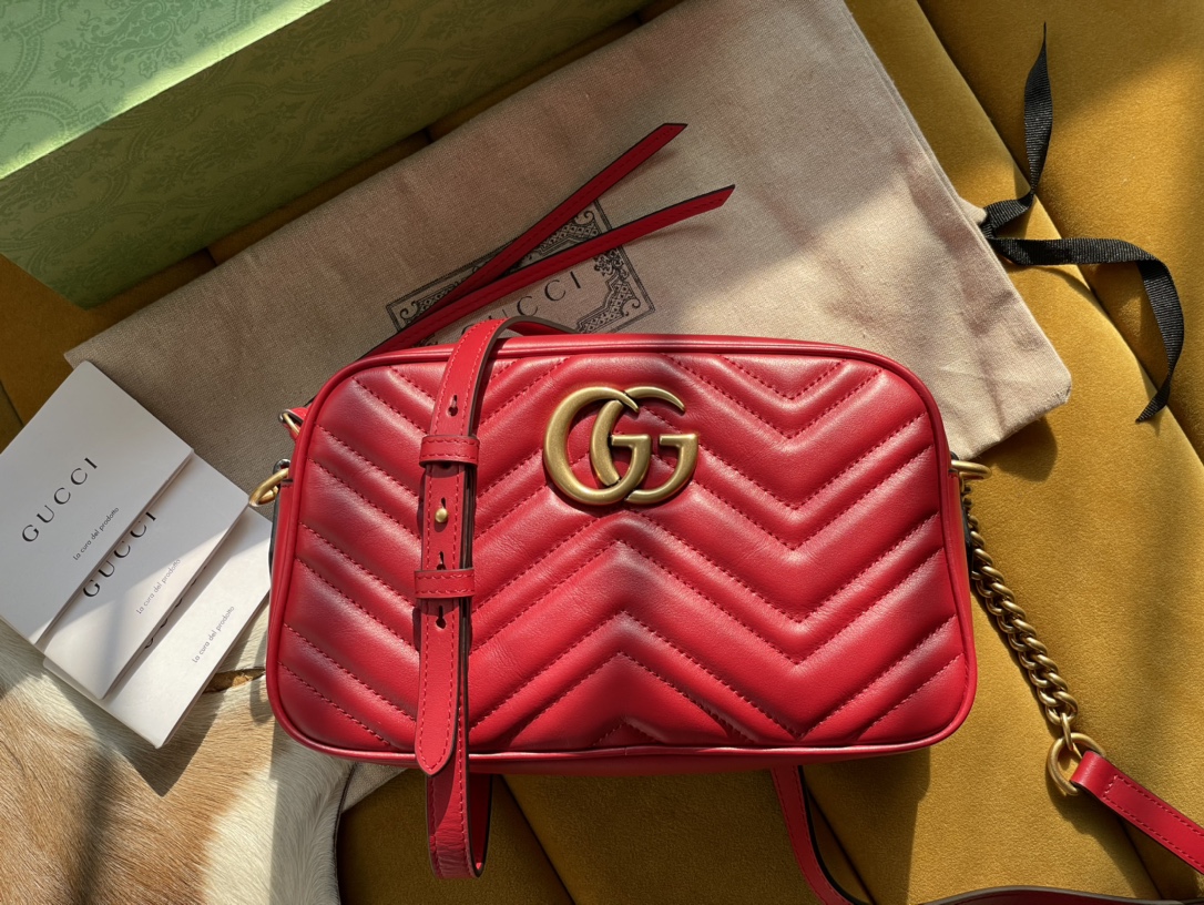 Red Leather GG Marmont Matelassé Small Bag Zip