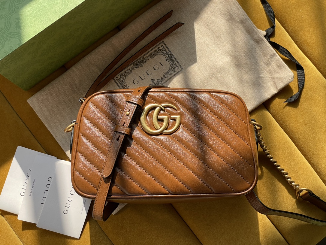 Brown Leather GG Marmont Matelassé Small Bag Zip